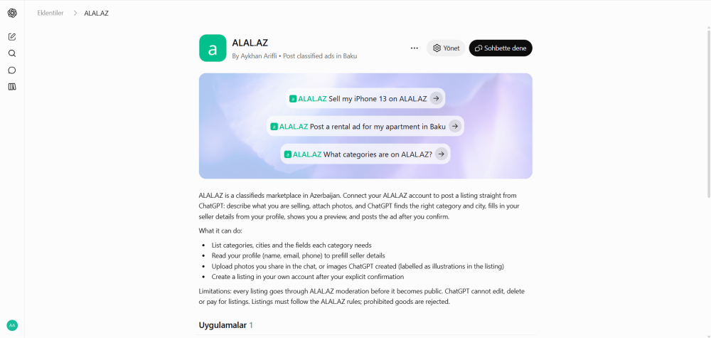 alal.az — ChatGPT-də elan verilən ilk Azərbaycan platforması